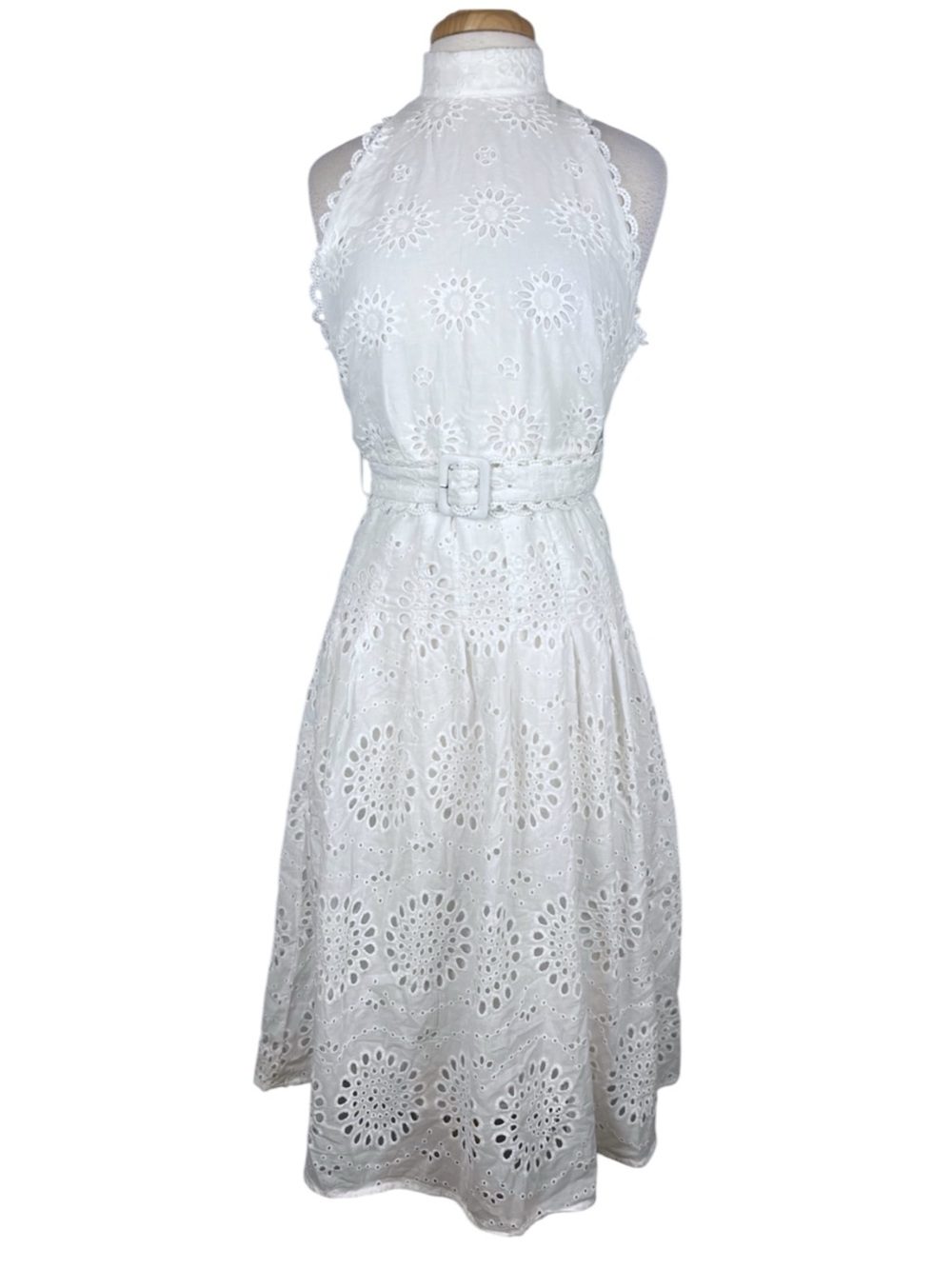 White Lace Overlay Sleevess Dress Size Large Eyelet Fit Flare Belt Feminine NWT